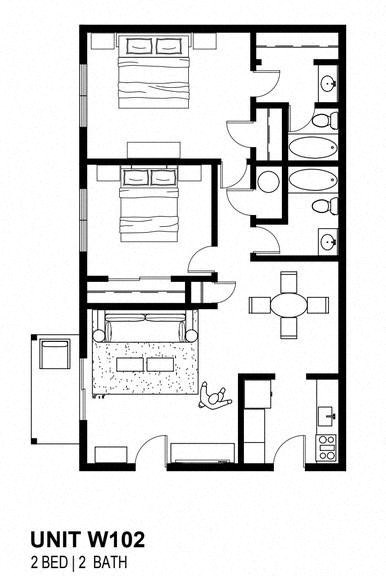 Floor plan for 2 beds, 1 bath, 800 sqft